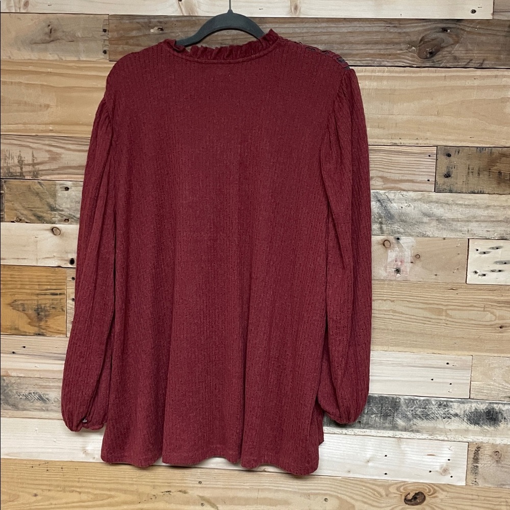 Maurices size 4X Burgundy Lace Shoulder Balloon Sleeve Soft and Stretchy Blouse - Picture 8 of 8